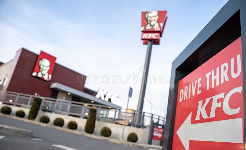 Olomouc - February 13, 2020: Directional Signs for KFC Store. Drive