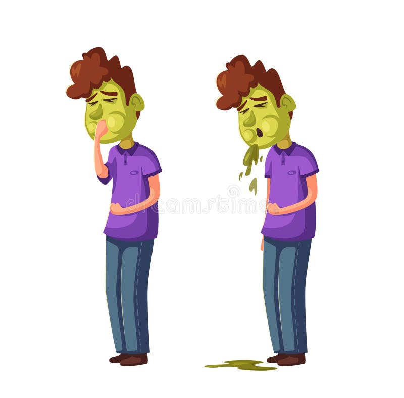 Unhappy person vomiting from food poisoning. Cartoon vector illustration. Sad and sick character. Unhappy person vomiting from food poisoning. Cartoon vector illustration. Sad and sick character.