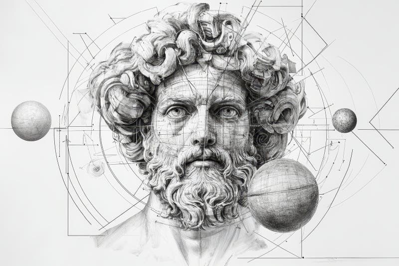 Olympian Zeus Celestial Geometry Eine majestätische Büste Zeus König der Götter verwoben mit geometrischen Mustern symbolisiert. Eine majestätische Büste Zeus König der Götter verwoben mit geometrischen Mustern, die kosmische Ordnung verkörpern Weisheit und Ewigkeit. Eleganter Leerraum für Markenwerbung und Produktpräsentationen. Geeignet für Marketingkampagnen und kreative Displays. Generative AI