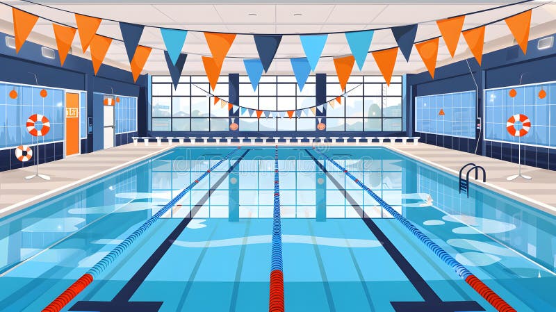 Olympisches Schwimmbad : Eine detaillierte Abbildung eines olympischen Schwimmbades mit Gassafeln und Glaswand. Olympisches Schwimmbad : Eine detaillierte Abbildung eines olympischen Schwimmbades mit Gassen-Fahnen und einer Glaswand über einer Stadt, die eine saubere und einladende Atmosphäre schafft