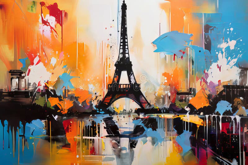 Olympiska sommarspelen 2024 paris artistisk, färgstark abstrakt representation i Olympiska färger med splash-färger och relief art royaltyfri illustrationer