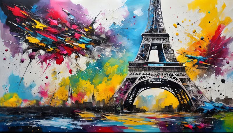 Olympiska sommarspelen 2024 paris artistisk, färgstark abstrakt representation i Olympiska färger med splash-färger och relief art stock illustrationer