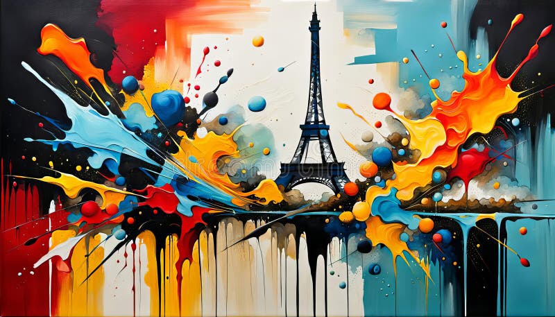 Olympiska sommarspelen 2024 paris artistisk, färgstark abstrakt representation i Olympiska färger med splash-färger och relief art royaltyfri illustrationer