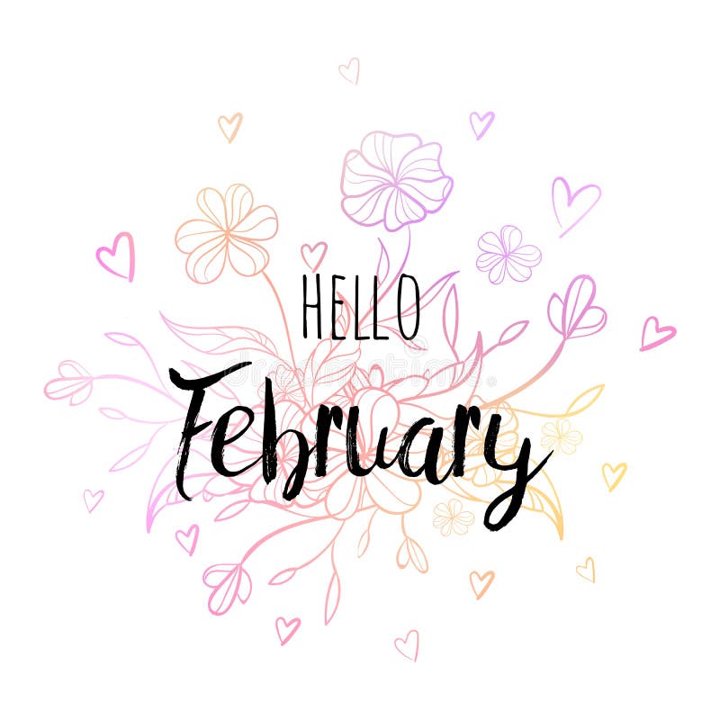 Olá! cartaz de fevereiro com flores e corações Cópia inspirador para o calendário, planador