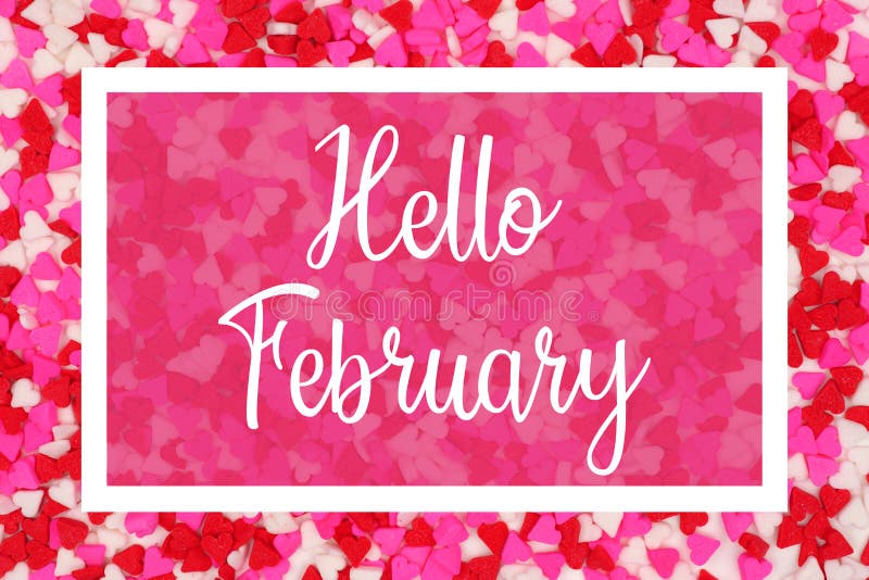 Olá! cartão de fevereiro com texto branco sobre um fundo do coração dos doces