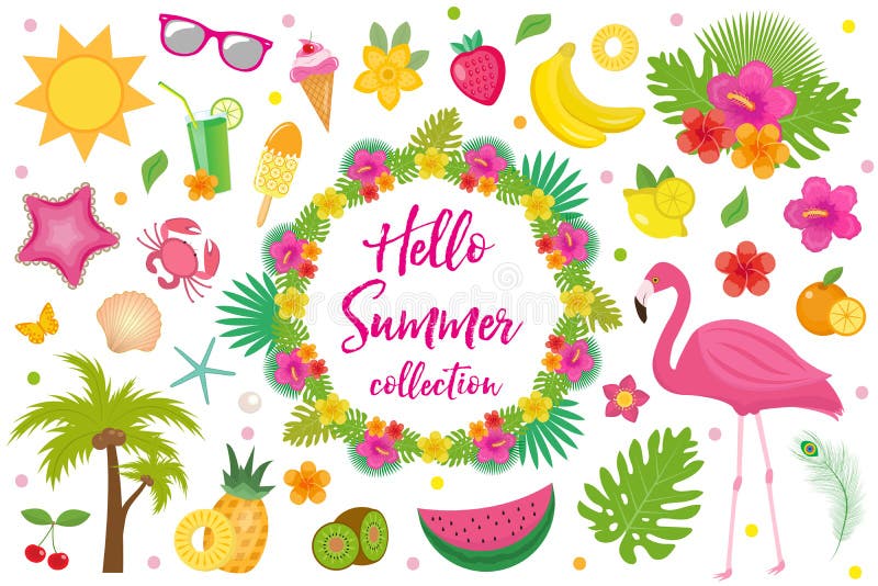 Olá! coleção de elementos do projeto, estilo liso do verão Grupo tropical com flores exóticas, flamingos, frutos E ilustração royalty free Olá! coleção de elementos do projeto, estilo liso do verão Grupo tropical com flores exóticas, flamingos, frutos E ilustração royalty free
