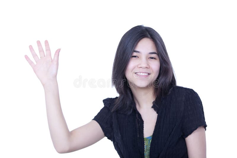 Olá! de ondulação da menina amigável do jovem adolescente ou adeus imagens de stock royalty free Olá! de ondulação da menina amigável do jovem adolescente ou adeus imagens de stock royalty free