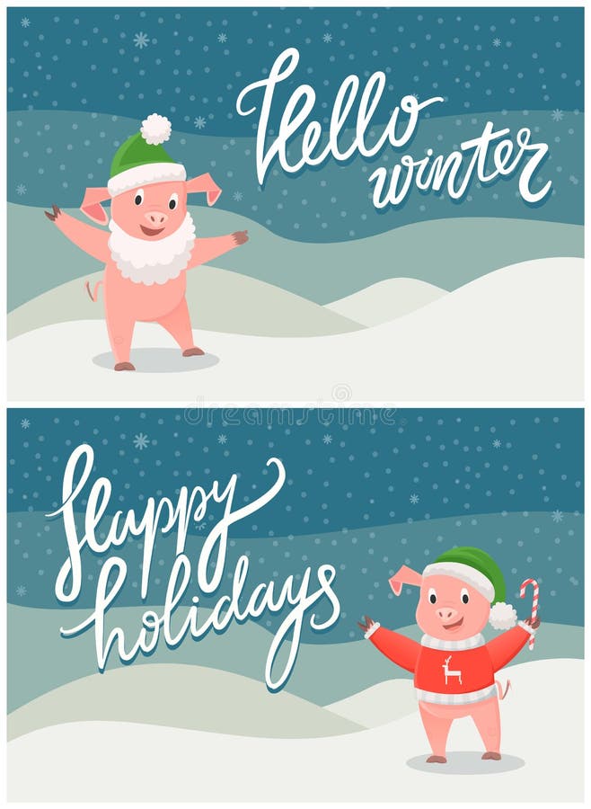 Olá! inverno e boas festas cartão com porco ilustração royalty free Olá! inverno e boas festas cartão com porco ilustração royalty free