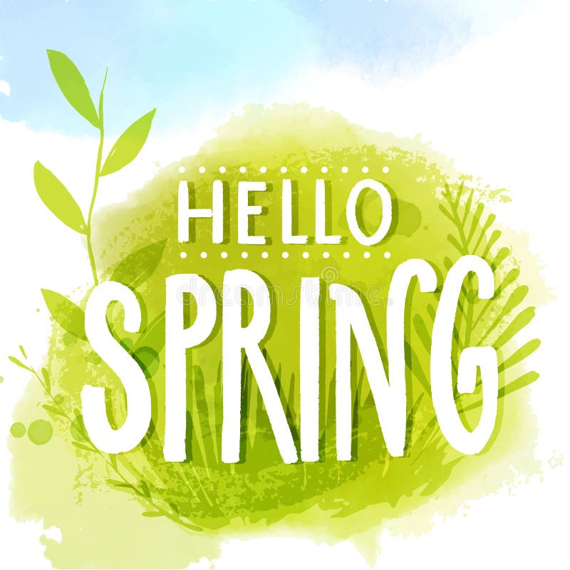 Olá! o subtítulo da mola no fundo verde natural com a mão tirada sae, plantas na textura da aquarela ilustração do vetor Olá! o subtítulo da mola no fundo verde natural com a mão tirada sae, plantas na textura da aquarela ilustração do vetor