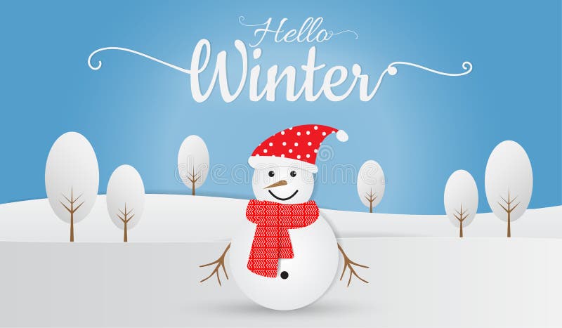 Olá texto de inverno com boneco de neve na floresta de neve, fundo da temporada de inverno ilustração stock Olá texto de inverno com boneco de neve na floresta de neve, fundo da temporada de inverno ilustração stock