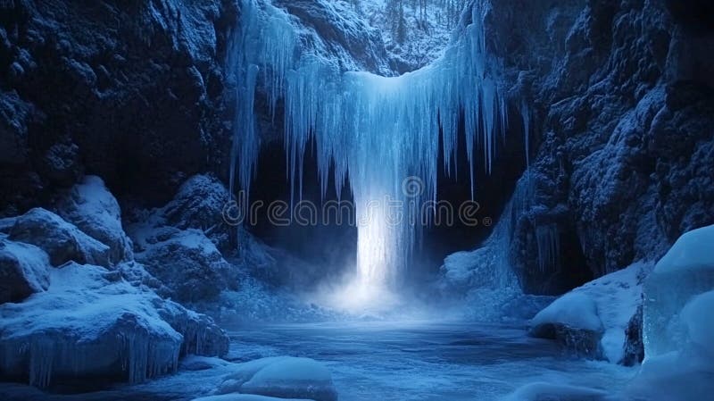 Olśniewający mrożony wodospad zimowy scena lodowa jaskinia Magical Blue Nature Fotografia lodowata zimny śnieg spokojny skały świa ilustracji