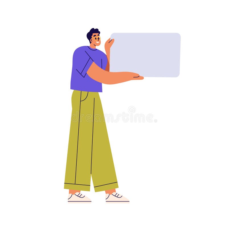 Om care deține panou cu semn gol. Personaj fericit prezentând banner publicitar cu pancarte goală pentru afișarea mesajelor. Curat vector illustration