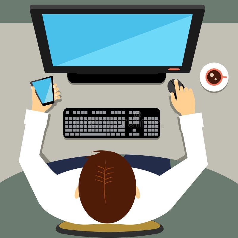 Om care lucrează pe calculator desktop cu ecran gol royalty free illustration