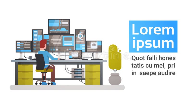Om care lucrează în centrul de date care găzduiește baza de date a informațiilor privind monitorizarea computerizată a centrelor d stock illustration