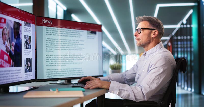 Om Care Se Uită La Știri În Ziarul Online stock images
