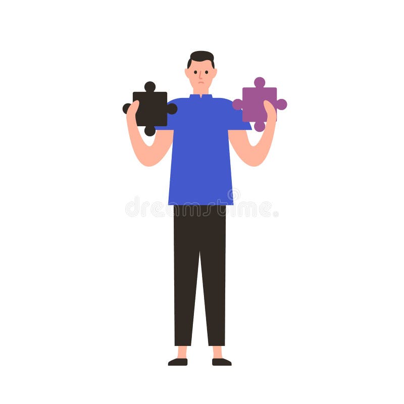 Om caricatural nefericit care deține piese de puzzle inadecvate cu model plat. conceptul de rezolvare a problemelor royalty free illustration