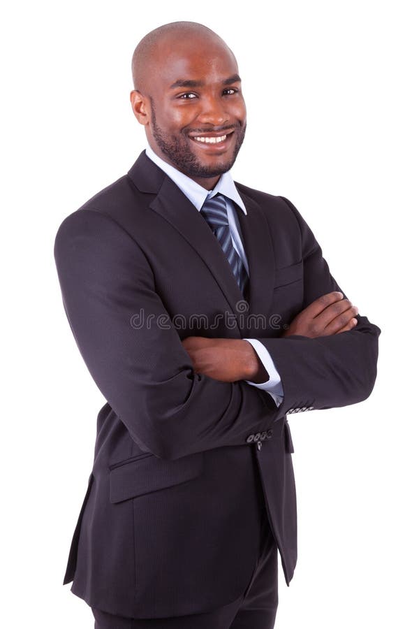Om de afaceri american african cu arme pliate stock photography