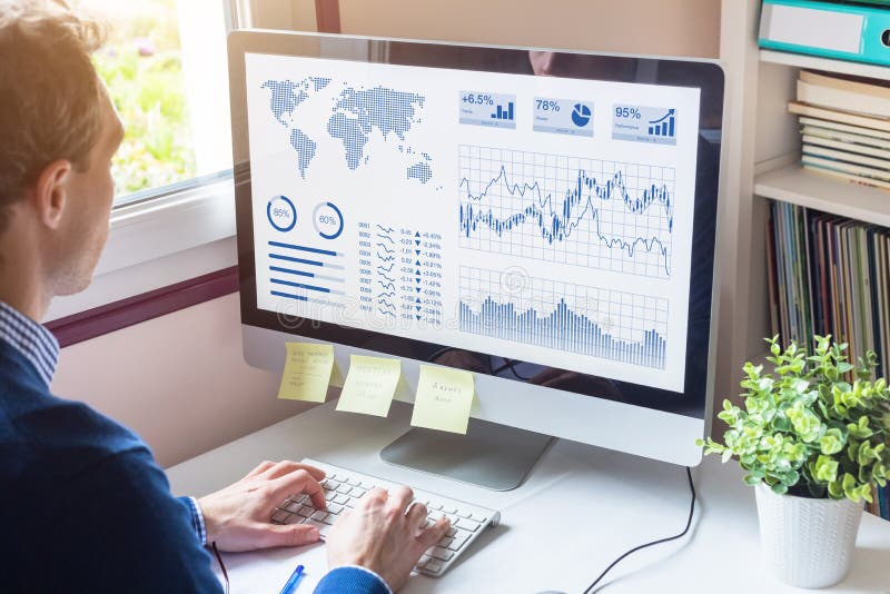 Om de afaceri care analizează tabloul de bord al analizei de afaceri cu kpi financial metrics fintech stock images