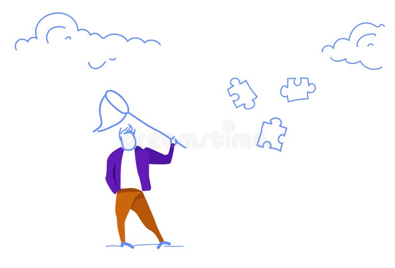 Om de afaceri care deține plasa flutfly încercând să prindă piese puzzle puzzle puzzle royalty free illustration