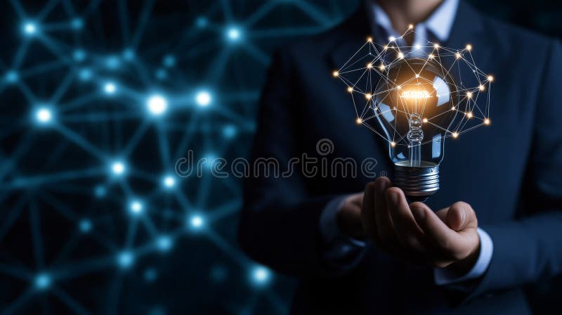 Om de afaceri care deține un bec luminos conectat la rețea vector illustration