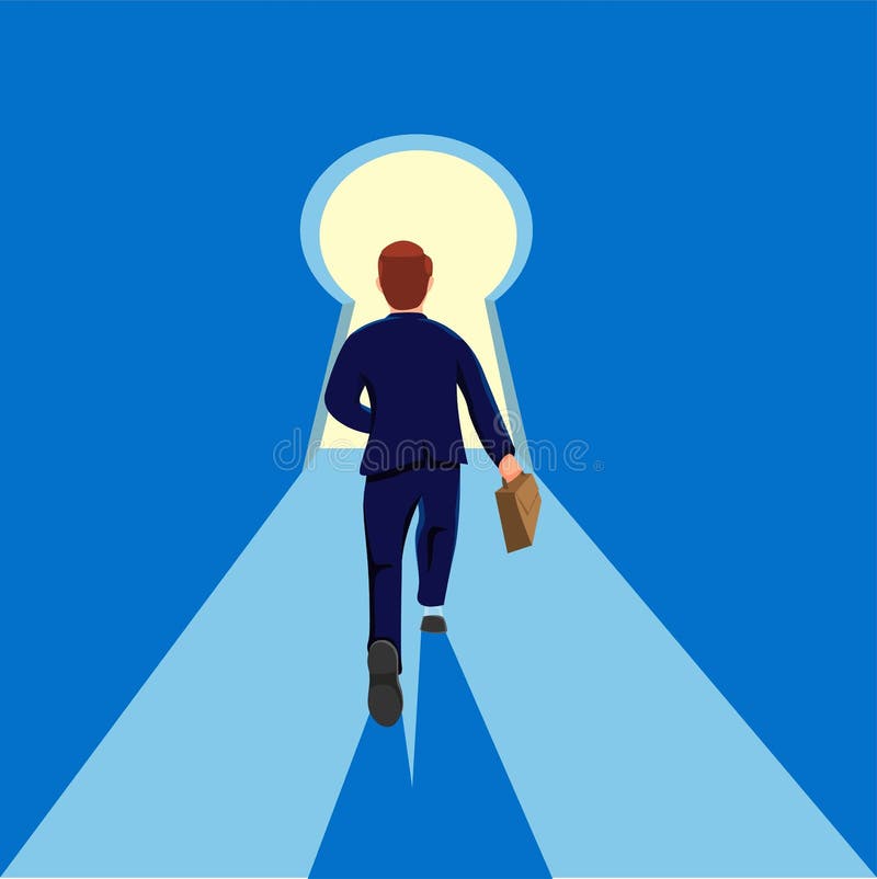 Om de afaceri care fuge spre gaura cheii. office man găsi o modalitate de a rezolva problema metafora concept simbol în desen anim stock illustration