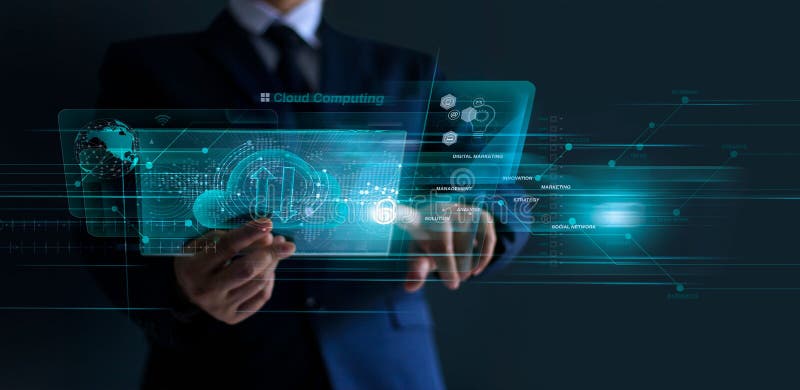 Om de afaceri care lucrează în comerțul financiar și în marketingul digital cu un sistem de cloud computing privind interfața virt stock photos
