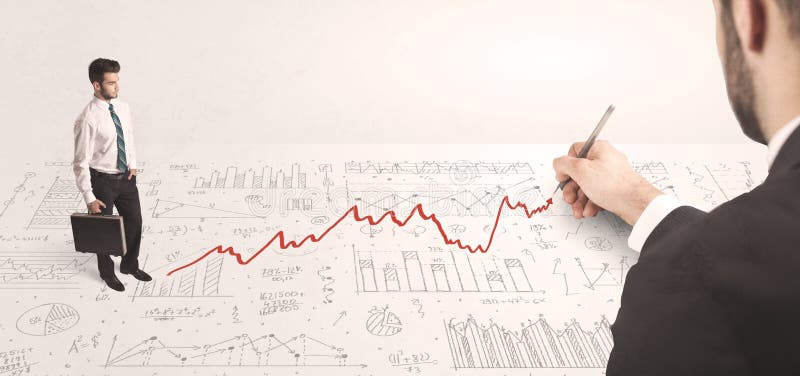 Om de afaceri care se uită la săgeata roșie trasă de mână stock photography