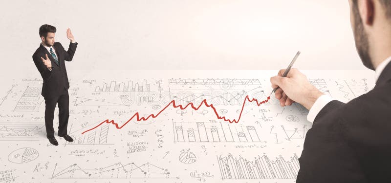 Om de afaceri care se uită la săgeata roșie trasă de mână stock image