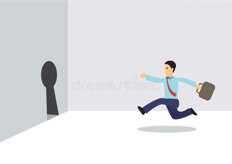Om de afaceri care se îndreaptă spre o gaură cheie pentru a scăpa. conceptul de libertate și stabilirea obiectivelor royalty free illustration