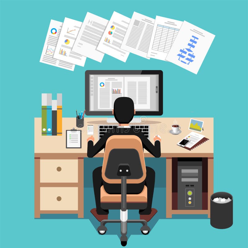 Om de afaceri care utilizează calculatorul la birou vector illustration