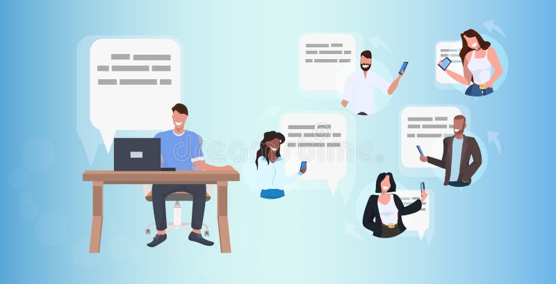 Om de afaceri care utilizează chat-ul pe notebook cu prietenii de rasă din cadrul rețelei sociale de vorbire pe chat, concept de c stock illustration