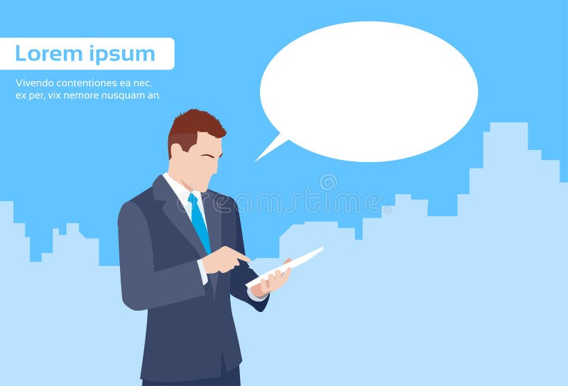 Om de afaceri care utilizează computerul tabletă trimite mesaje vector illustration