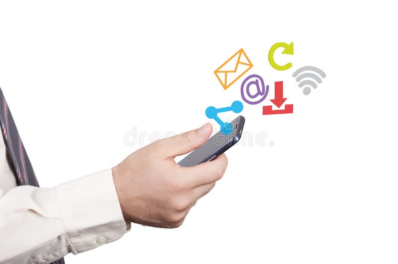 Om de afaceri care utilizează ecranul tactil vector illustration