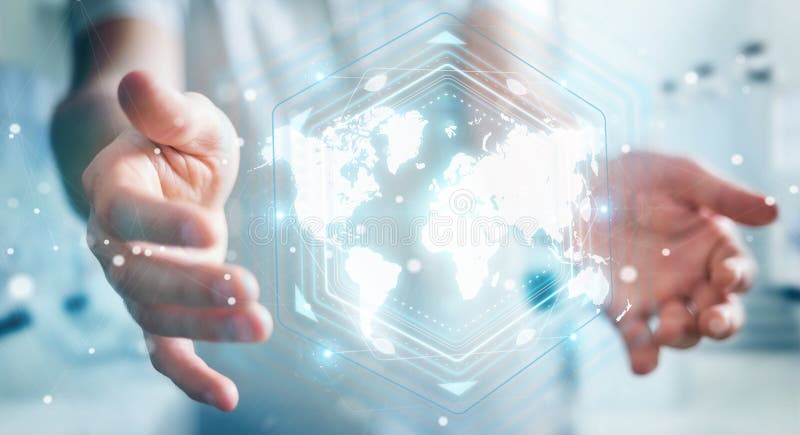 Om de afaceri care utilizează interfața 3d pentru harta digitală a lumii. Om de afaceri pe fundal neclar utilizând interfața 3d a hărții digitale