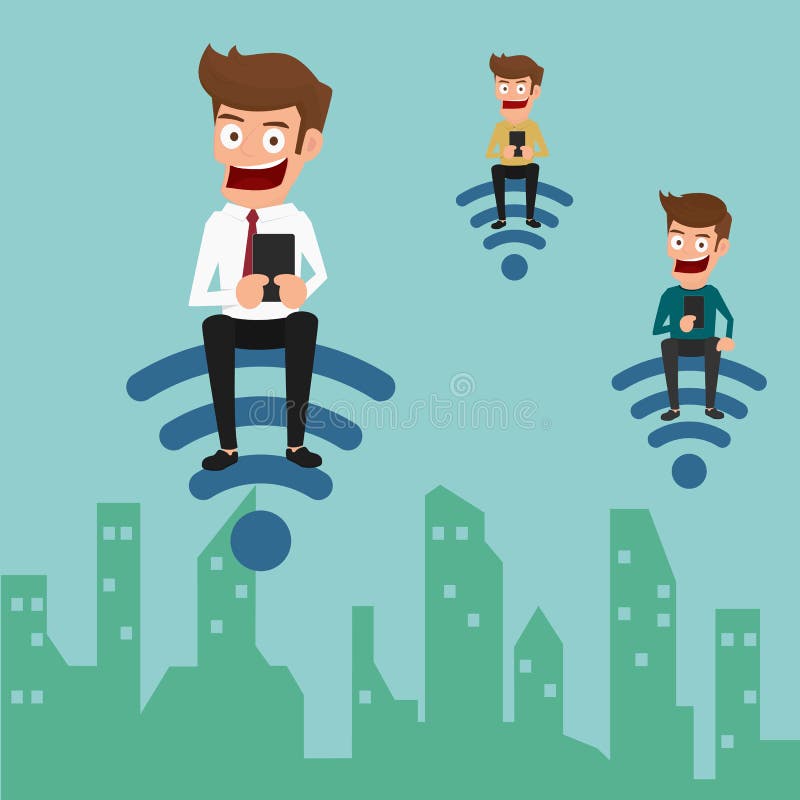 Om de afaceri care utilizează smartphone cu internet wifi pentru a sprijini mediul de afaceri și stilul de viață. stock illustration