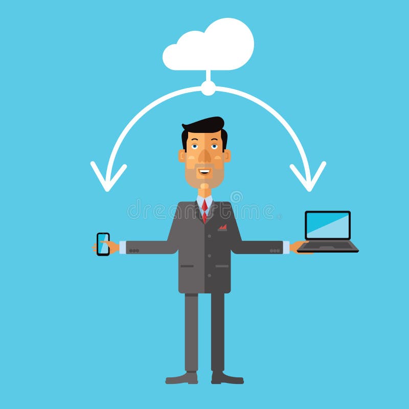 Om de afaceri care utilizează stocarea în cloud pentru smartphone și laptop. stock illustration
