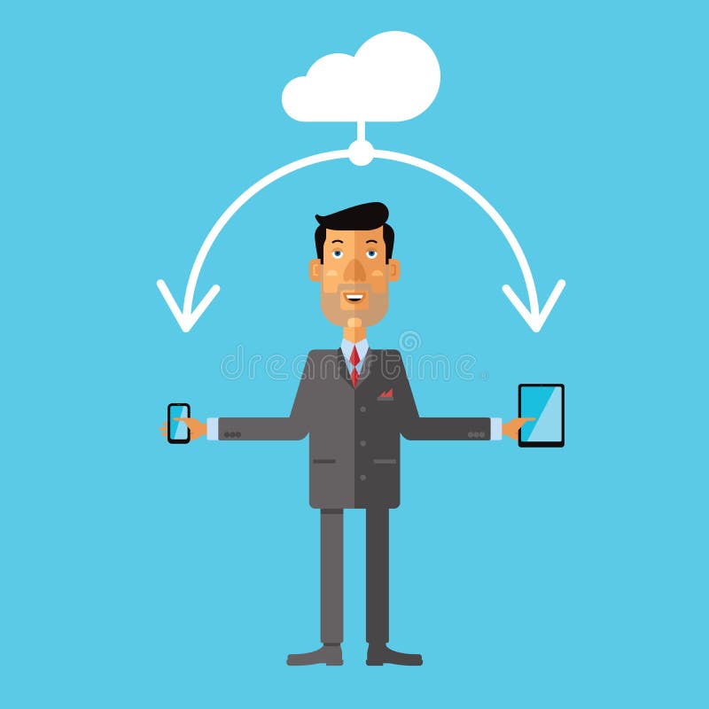 Om de afaceri care utilizează stocarea în cloud pentru smartphone și tabletă. ilustrare vectorială royalty free illustration