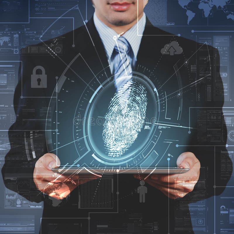 Om de afaceri care utilizează tabletă care arată tehnologie de recunoaștere a amprentelor digitale vector illustration