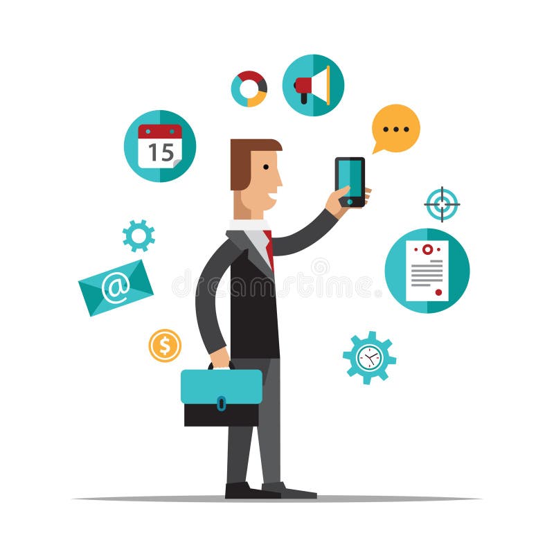 Om de afaceri care utilizează telefonul mobil pentru afaceri vector illustration