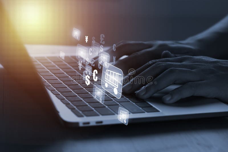 Om de afaceri care utilizează un computer laptop pentru cumpărături online vector illustration
