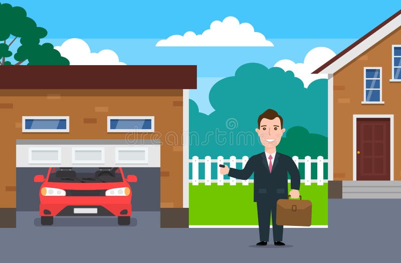 Om de afaceri care utilizează ușa din garaj pentru parcare de la distanță vector illustration
