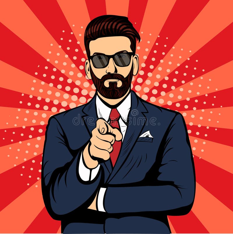 Om de afaceri cu barbă hipster arătând cu degetul ilustrația vectorială a artei pop vector illustration