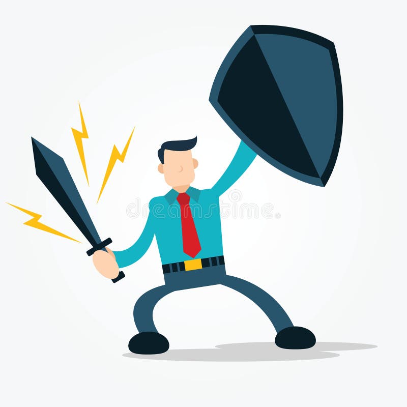 Om de afaceri cu sabia și scutul stock illustration