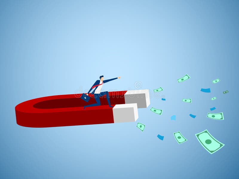 Om de afaceri folosind magnet care colectează bani. conceptul de investiții și de investiții bogate royalty free illustration
