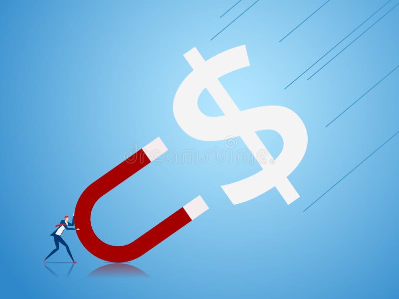 Om de afaceri folosind magnet care colectează bani. conceptul de investiții și de investiții bogate. stock illustration