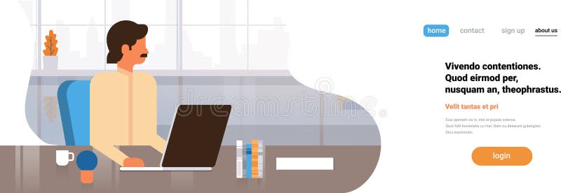 Om de afaceri indian care utilizează conceptul de proces de lucru pentru notebook-uri birou interior fundal orizontal banner pentr royalty free illustration