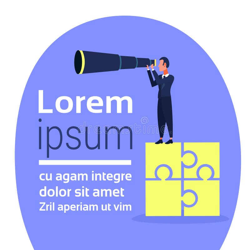 Om de afaceri la puzzle-uri în căutarea binocular Business vision Solution Concept de echipă lider caricatural royalty free illustration
