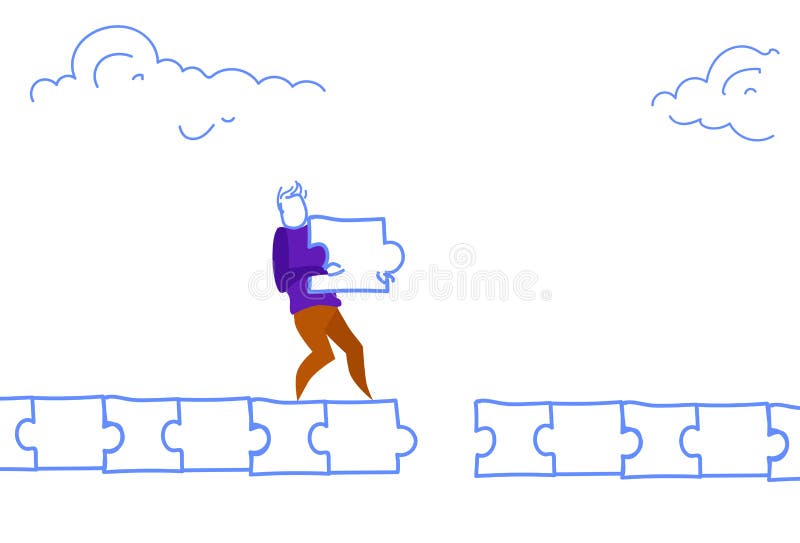 Om de afaceri paveț modul om care face traseu puzzle traseu puzzle piese puzzle soluție schiță orizontală doodle schiță royalty free illustration