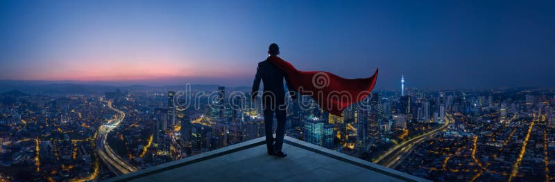 Om de afaceri în costum și supererou stau pe acoperiș, arătând ca un mare peisaj royalty free stock photography