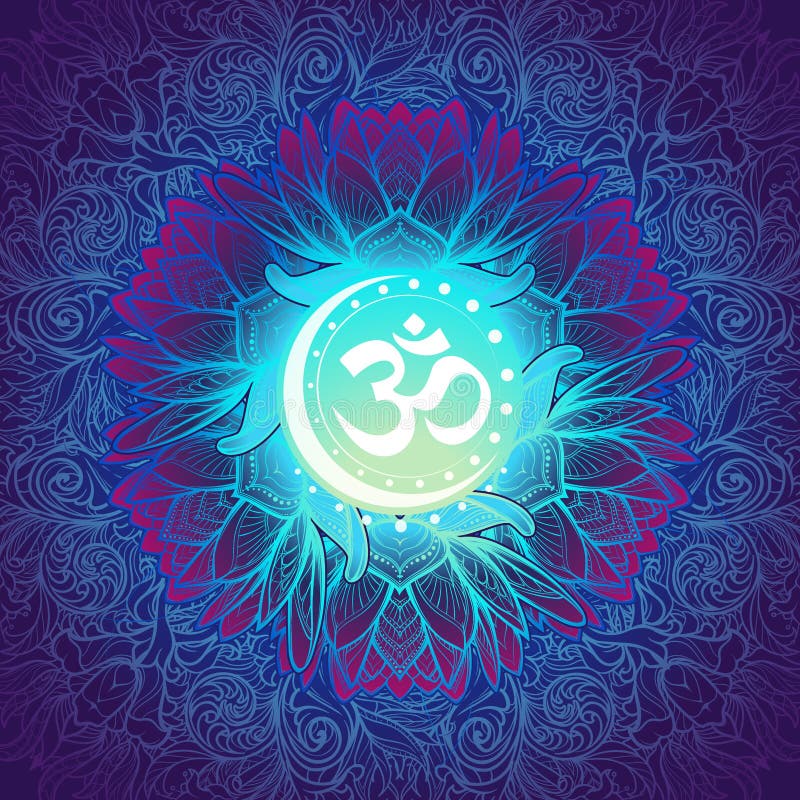 Om en sakral mantra och ett symbol av Hinduism dekorativt blom- f?r bakgrund